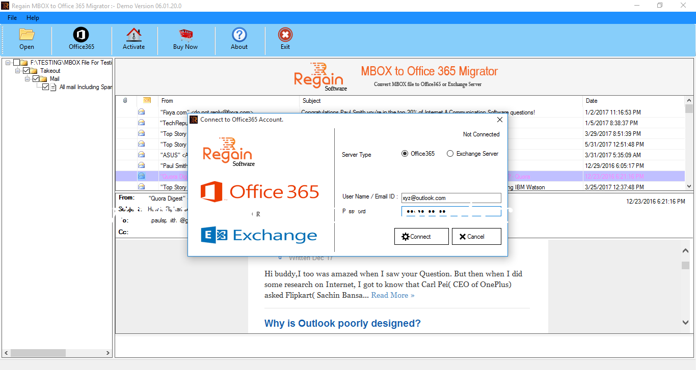 Regain MBOX to Office 365 Migrator Screenshots
